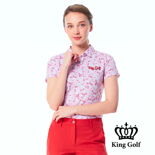 【KING GOLF】實體同步款-女款滿版繽紛小碎花印花POLO衫/高爾夫球衫(粉色)