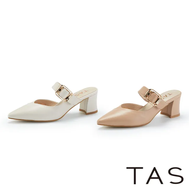 【TAS】俐落金屬皮帶尖頭中跟穆勒鞋(米色)