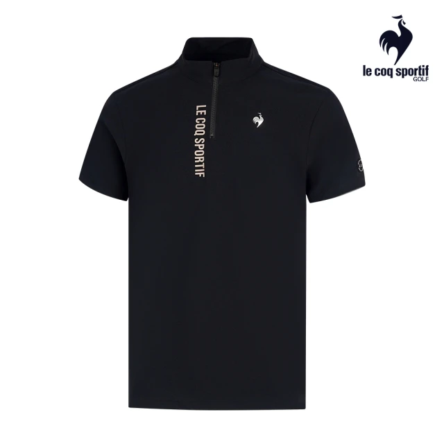 LE COQ SPORTIF 公雞 高爾夫系列 男款黑色素面簡約高機能抗UV短袖立領衫 QGT2J234