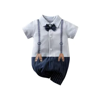 【JoyNa】造型連身短袖包屁衣 童裝 嬰兒連身衣 灰藍紳士款(開扣設計/方便穿脫)