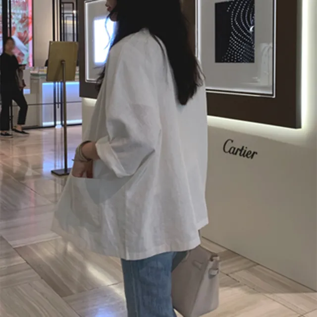 【ACheter】新款韓版大碼寬鬆冰絲棉麻感圓領七分袖短版外套#121235(白/綠)