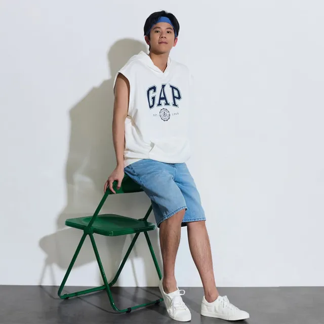 【GAP】男裝 Logo印花無袖帽T-白色(885520)
