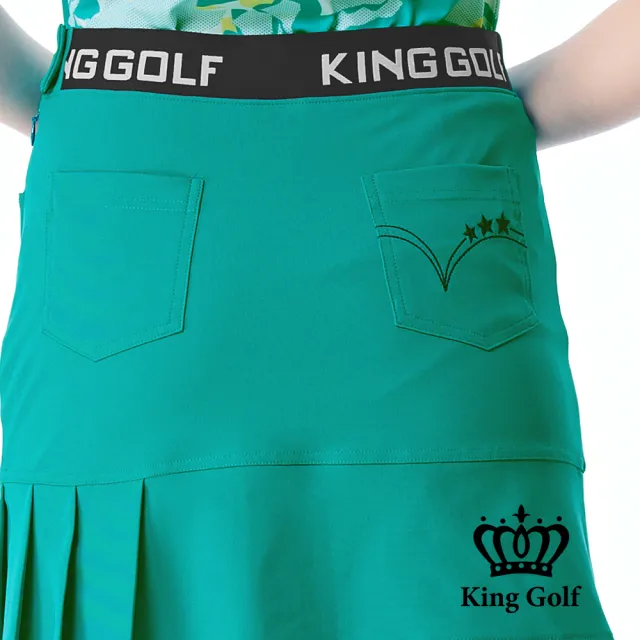 【KING GOLF】實體同步款-女款立體刺繡素面修身荷葉百褶A LINE短裙/高爾夫球裙(深綠色)