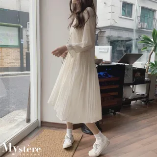 【my stere 我的時尚秘境】雙11 夏新品-優雅百摺甜美木耳邊雪紡長袖洋裝(雪紡飄逸柔美 綁帶腰身