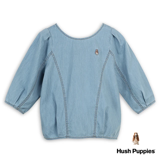 Hush Puppies 女裝 襯衫 U領澎澎袖牛仔小狗襯衫(淺藍 / 43212110)