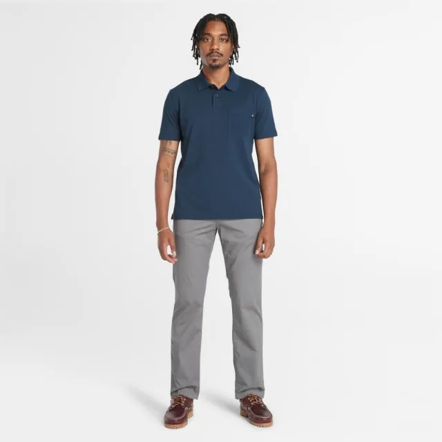 【Timberland】男款深寶石藍口袋Polo衫(A5QJ6433)