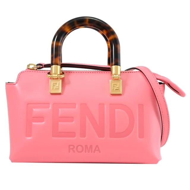 【FENDI 芬迪】Boston 經典大LOGO壓紋琥珀提把迷你手提包兩用包(亮粉)