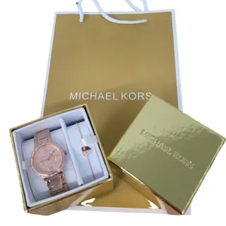【Michael Kors】Michael Kors Mini Gabbi 密鑲玫瑰金色手錶與心型手鍊套裝組(手鏈手錶禮盒/贈原廠紙袋)