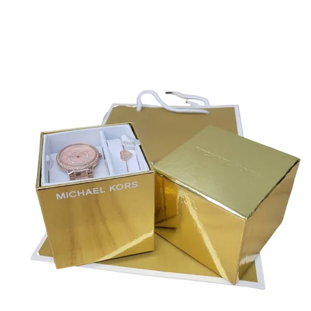 【Michael Kors】Michael Kors Mini Gabbi 密鑲玫瑰金色手錶與心型手鍊套裝組(手鏈手錶禮盒/贈原廠紙袋)