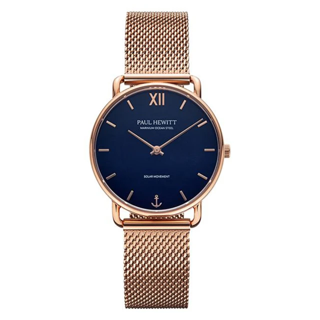 PAUL HEWITT 德國原廠 Sailor 33mm 玫瑰金框 藍面 米蘭帶 光動能 女錶 手錶(PH-W-0319)