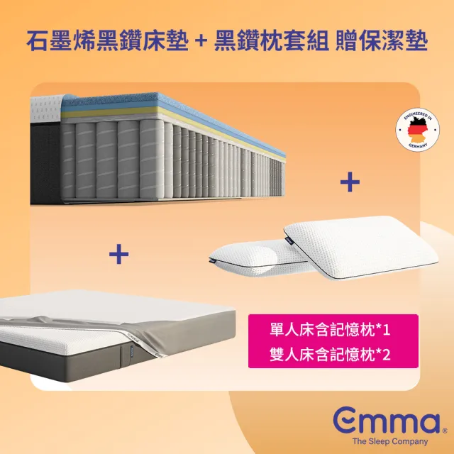 【德國Emma】Diamond石墨烯黑鑽床墊+黑鑽石記憶枕 贈保潔墊 雙人加大(歐洲獲獎最多獨立筒床墊 恆溫睡眠)