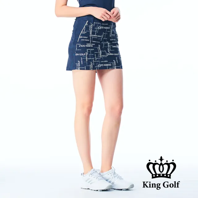 【KING GOLF】實體同步款-女款英文字印花底圖異色拼接A LINE短裙/高爾夫球裙(丈青色)