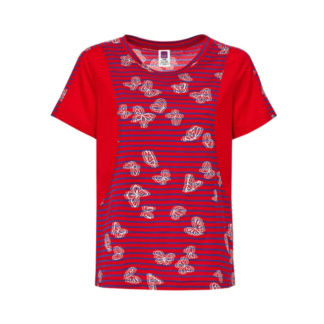 【ILEY 伊蕾】蝴蝶繽紛條紋絲光棉上衣(紅色；M-2L；1242251207)
