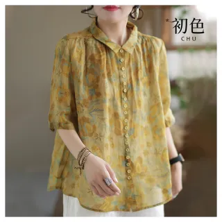 【初色】棉麻風翻領碎花輕薄五分短袖襯衫女上衣-共3色-33667(M-2XL可選)