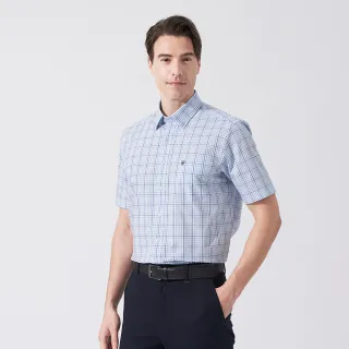 【pierre cardin 皮爾卡登】休閒服飾 男款 純棉格紋休閒短袖襯衫-水藍色(5247164-35)