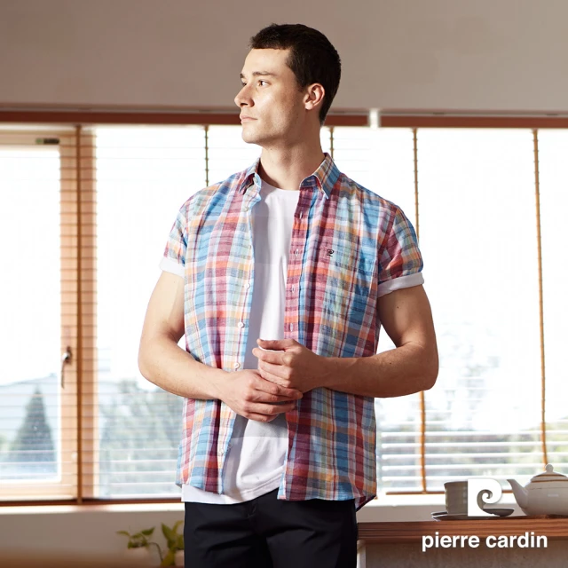 pierre cardin 皮爾卡登 商務休閒 男款 格紋短袖襯衫-藍色(5247165-36)