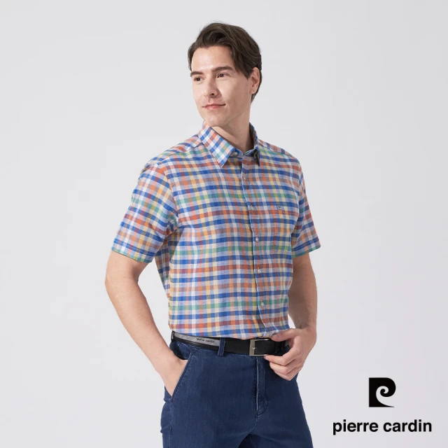 pierre cardin 皮爾卡登 商務休閒 男款 格紋短袖襯衫-藍色(5247166-36)