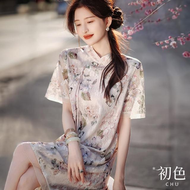 【初色】復古立領盤扣短袖印花拼接蕾絲旗袍中長裙連身洋裝連身裙洋裝-粉色-33812(M-XL可選)