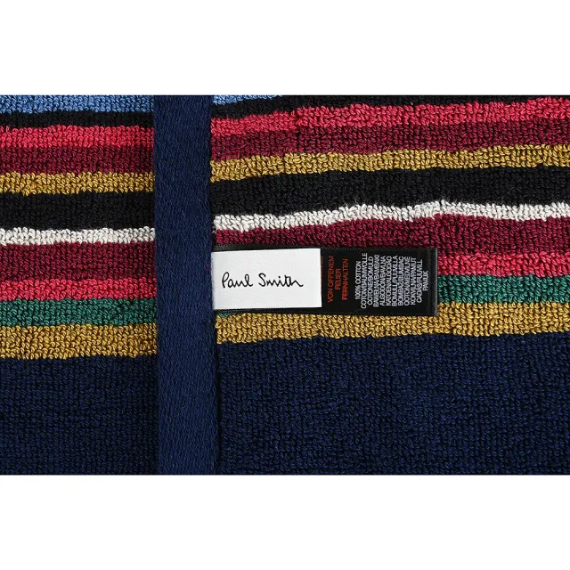 【Paul Smith】刺繡草寫LOGO純棉彩直條紋飾邊毛巾(大/海軍藍x彩)