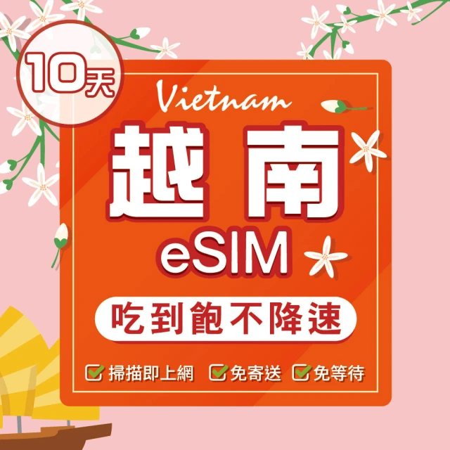 環亞電訊 eSIM越南10天（原生網路）吃到飽不降速(eSIM 24H自動發貨 免等待免換卡 吃到飽 越南 越南網卡)