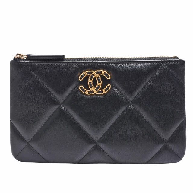 CHANEL 香奈兒 19系列經典金屬雙C LOGO菱格紋小羊皮拉鍊零錢包(黑AP1059L-BLK-GPN)