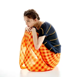 【iROO】泡泡格紋長裙