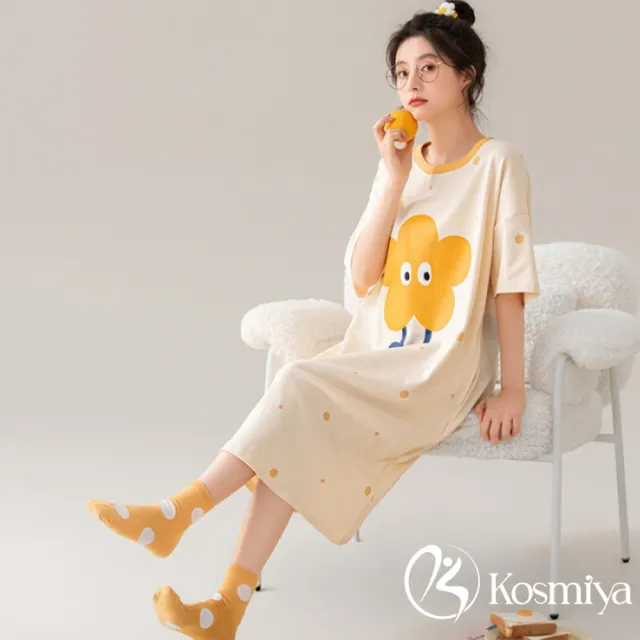 【Kosmiya】1件 純棉印花短袖睡裙/女睡衣/睡衣/居家服/連身洋裝/洋裝(6色可選/均碼/加大碼)