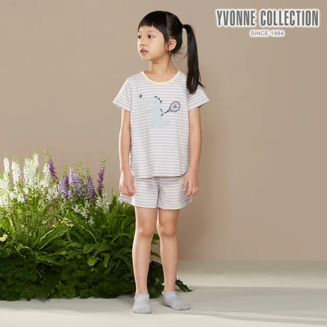 【YVONNE 以旺傢飾】出清品 童裝｜防蚊網球恐龍條紋短袖上衣(薰衣草紫)