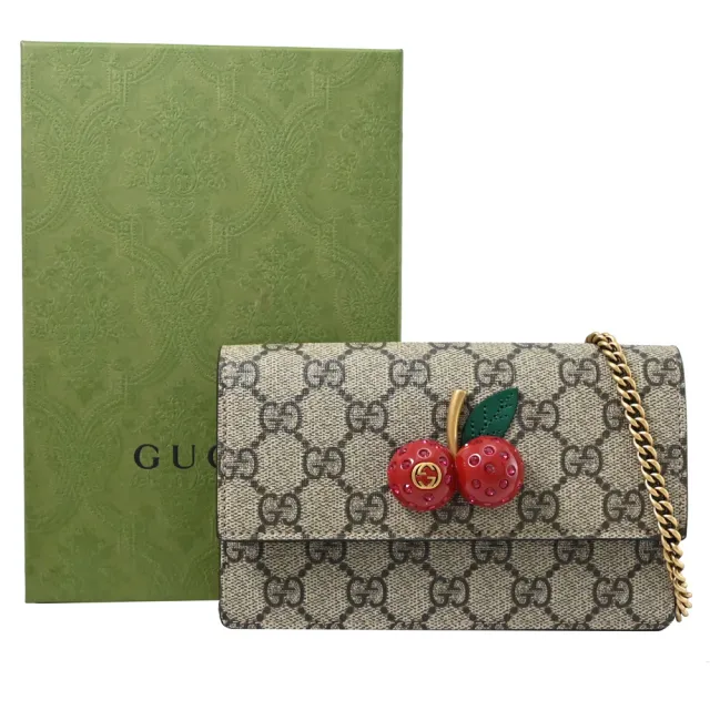 【GUCCI 古馳】GG Supreme 限定款立體水鑽櫻桃三用鍊包晚宴包(駝)