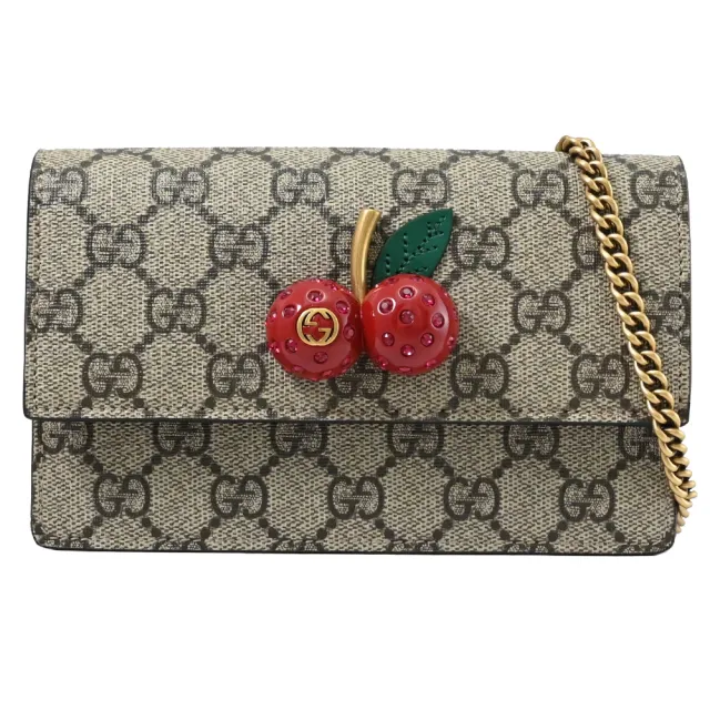 【GUCCI 古馳】GG Supreme 限定款立體水鑽櫻桃三用鍊包晚宴包(駝)
