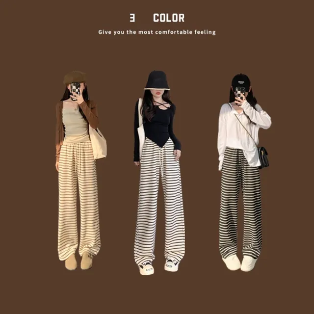 【巴黎精品】現貨+預購 休閒褲寬管長褲(米妮條紋高腰休閒女褲子3色v1bb45)