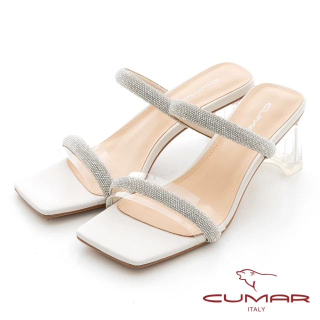 CUMAR 粗鑽條兩條式高跟涼鞋(米白色)