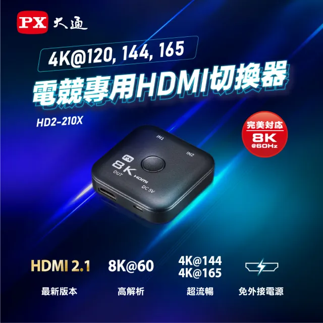 【-PX 大通】協會認證HD2-210X切換分配器HDMI 2.1電競8K4K@165 hdmi 8k切換器(2進1出二進一出電腦電視PS5)