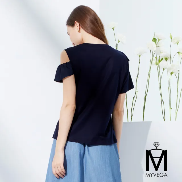 【MYVEGA 麥雪爾】MA高含棉不對稱單邊露肩彈性上衣-深藍(2024春夏新品)