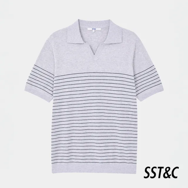 【SST&C 換季７５折】花灰色橫條紋短袖Polo針織衫1112403004