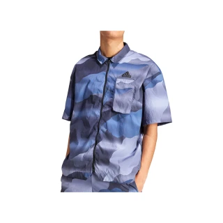 【adidas 愛迪達】M Ce Q2 Shirt 男款 藍色 寬鬆 休閒 上衣 襯衫 防潑水 短袖 IR5184
