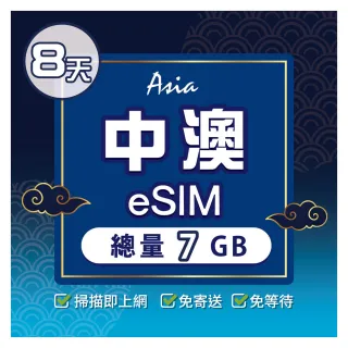 【環亞電訊】eSIM中國、澳門8天總量7GB(24H自動發貨 大陸網卡 澳門網卡 中國聯通 CTM 免翻牆 eSIM)