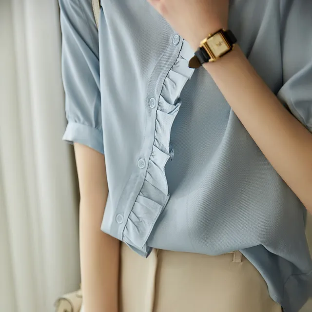【MsMore】藍色短袖優雅女人味甜美木耳邊萊賽爾感襯衫短版上衣#121485(藍)