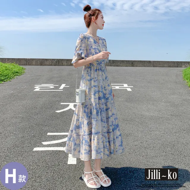 【JILLI-KO】赫本風拼接碎花長裙洋裝連衣裙-M/L/XL(多款任選)