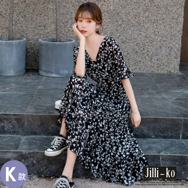 【JILLI-KO】赫本風拼接碎花長裙洋裝連衣裙-M/L/XL(多款任選)