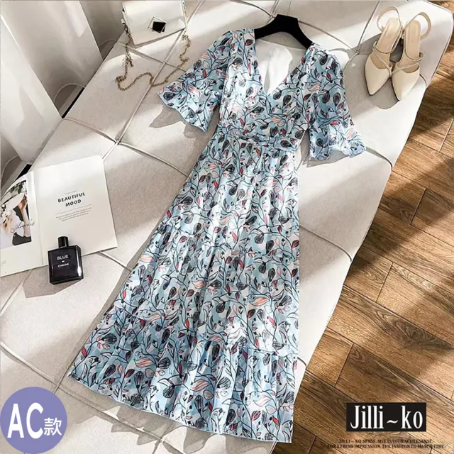 【JILLI-KO】赫本風拼接碎花長裙洋裝連衣裙-M/L/XL(多款任選)