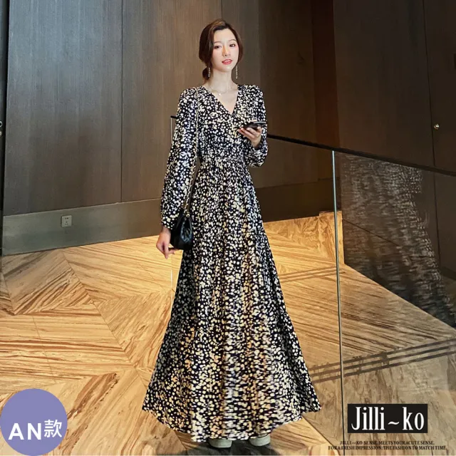 【JILLI-KO】赫本風拼接碎花長裙洋裝連衣裙-M/L/XL(多款任選)