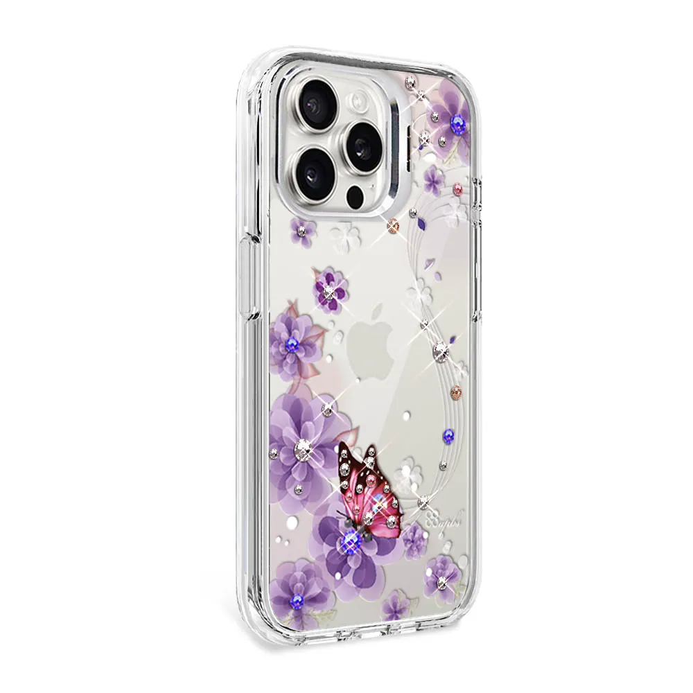 【apbs】iPhone 16/15/14/13/12系列 防震雙料隱形立架水晶彩鑽手機殼(迷情蝶戀)