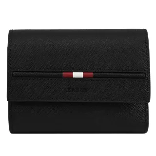 【BALLY】經典烙印LOGO織帶防刮皮革三折式零錢短夾(黑)
