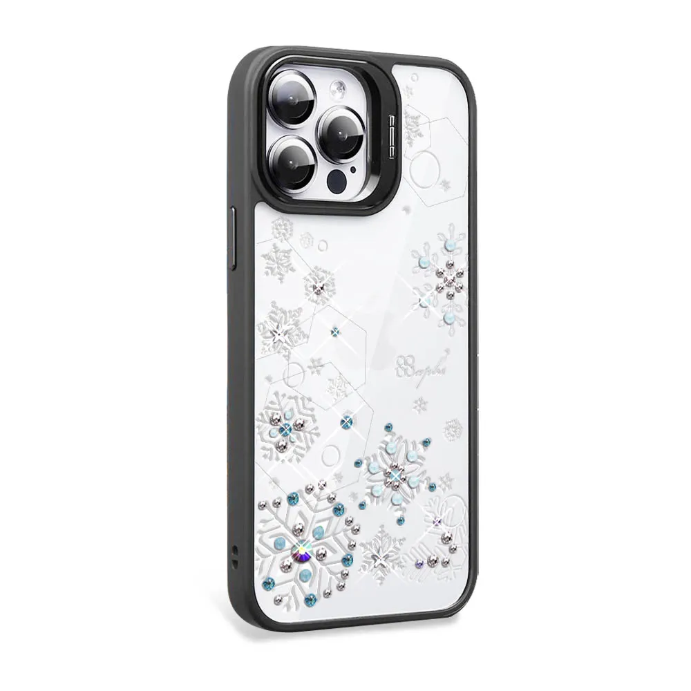 【apbs】iPhone 15系列 防震雙料隱形立架水晶彩鑽手機殼(紛飛雪-黑框)