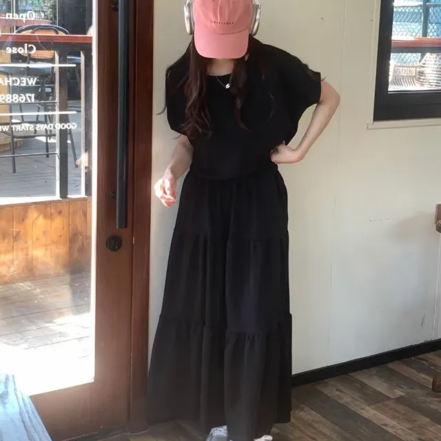 【BBHONEY】韓製太空棉鬆緊蛋糕長裙 短袖上衣套裝(1+1二件式)