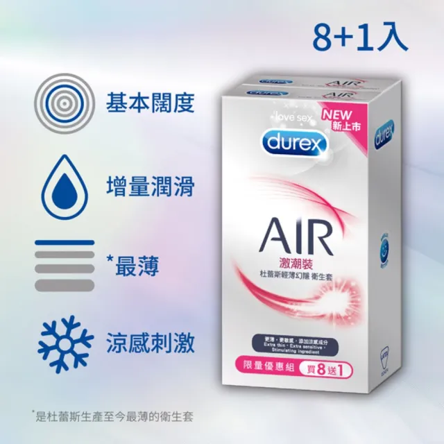 【Durex 杜蕾斯】AIR輕薄幻隱激潮裝保險套1盒(8+1入 保險套/衛生套/安全套/避孕套/避孕)