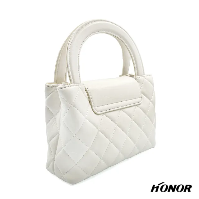 【HONOR 山形屋】翻蓋硬挺菱格紋手提肩背兩用包-白/黑