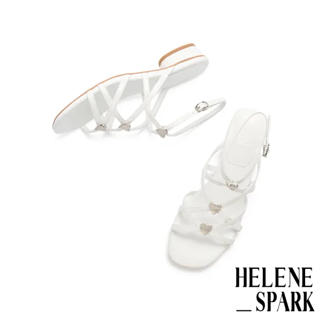 【HELENE_SPARK】無境夏日率性水鑽愛心交叉繫帶全真皮方頭低跟涼鞋(白)