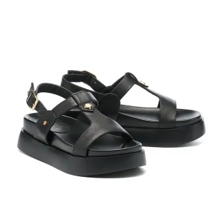 【BYHUE】率性休閒工字寬帶荔紋牛皮厚底涼鞋(黑)